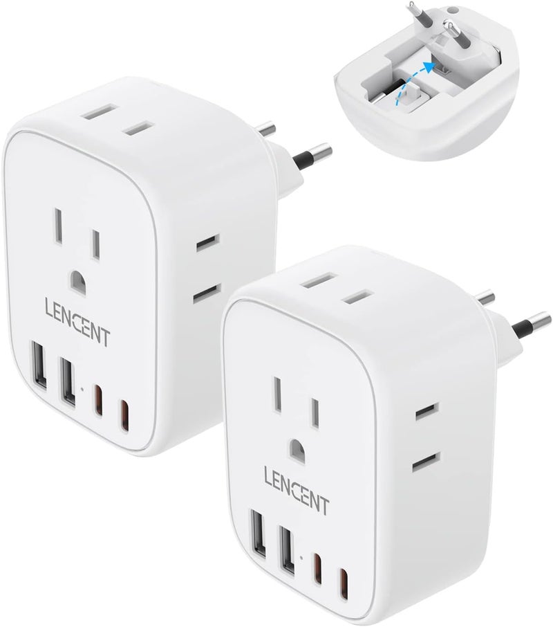 Lencent 2 Pack European Travel Plug Adapter, US to Europe Type-C Foldable Power Plug with 4 Outlets 4 USB Ports (2 USB C), Power Adaptor for USA to EU Euro Iceland Spain Italy France Germany Greece - Image 1